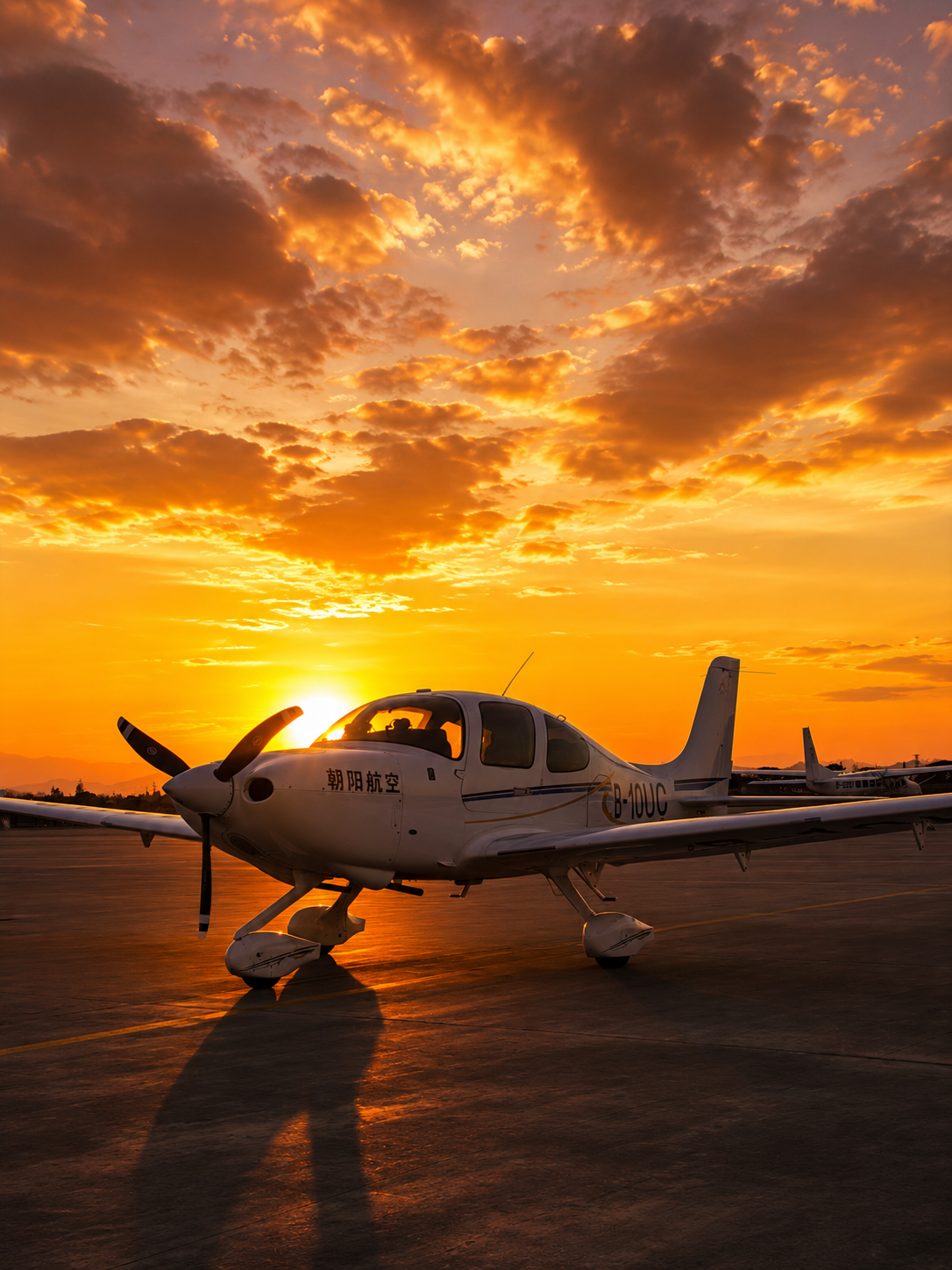 Light aircraft at sunset